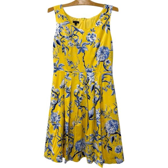 Talbots | Dress Yellow Blue Floral Birds Sleeveless Cotton Stretch- Size 8 - Picture 1 of 8